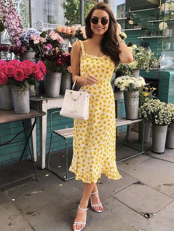 yellow daisy print midi dress, ideal for a fresh tea party look